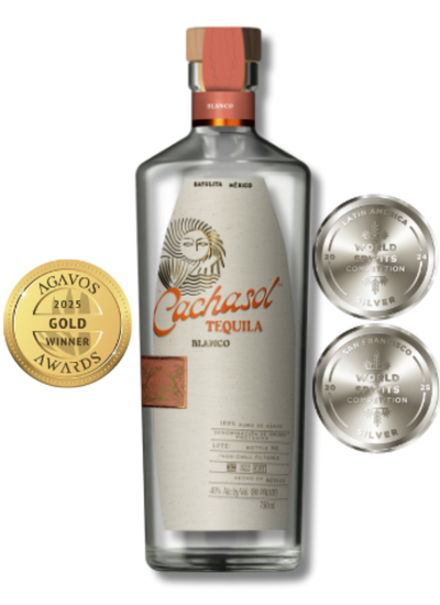 Cachasol Blanco Tequila bottle with award medals