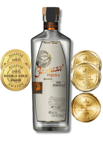 Cachasol Epic Strength Tequila bottle with award medals